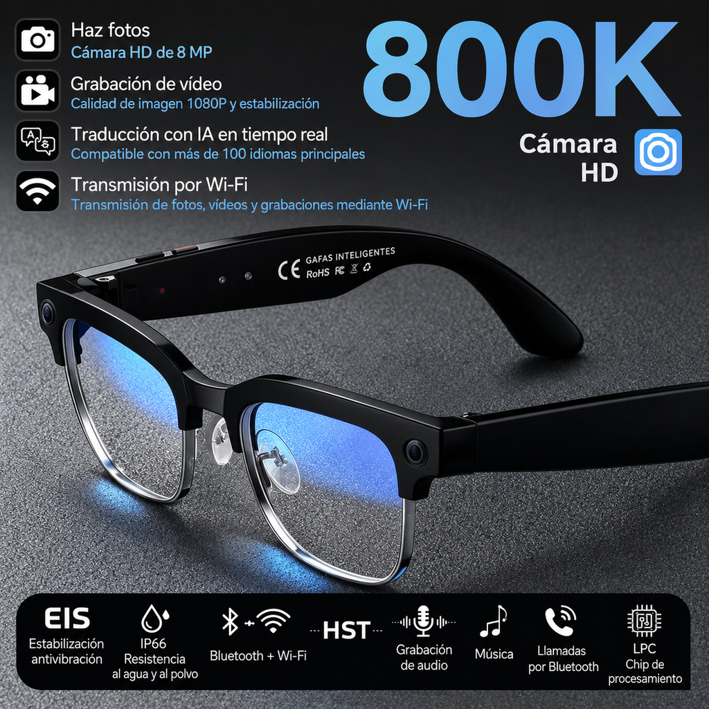 Gafas inteligentes con IA para fotos y vídeos: cámara HD de 8 MP, traducción inteligente, captura de imágenes y reconocimiento de objetos.