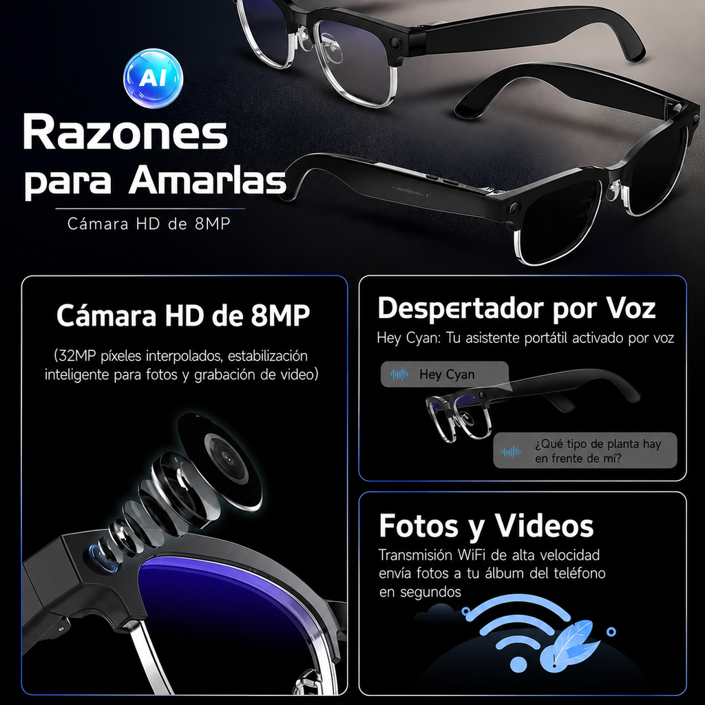 Gafas inteligentes con IA para fotos y vídeos: cámara HD de 8 MP, traducción inteligente, captura de imágenes y reconocimiento de objetos.