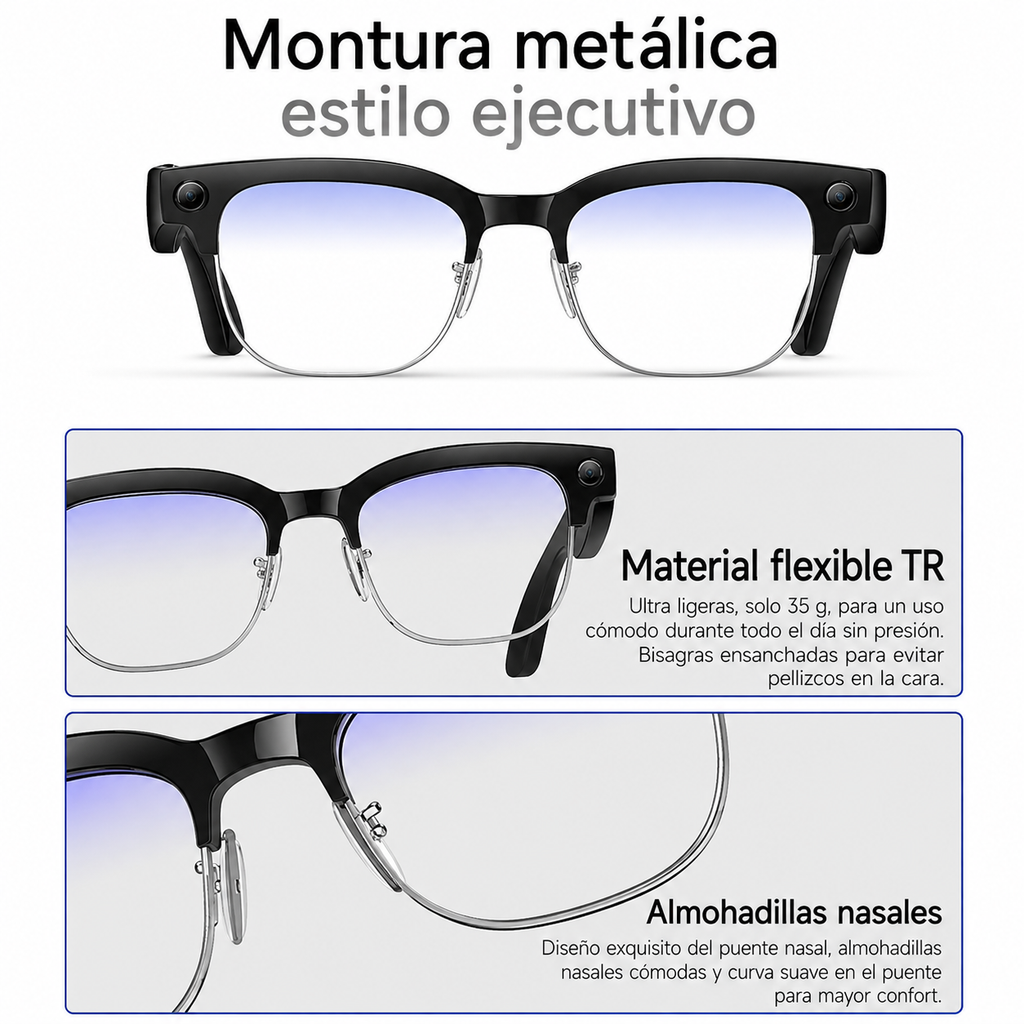 Gafas inteligentes con IA para fotos y vídeos: cámara HD de 8 MP, traducción inteligente, captura de imágenes y reconocimiento de objetos.