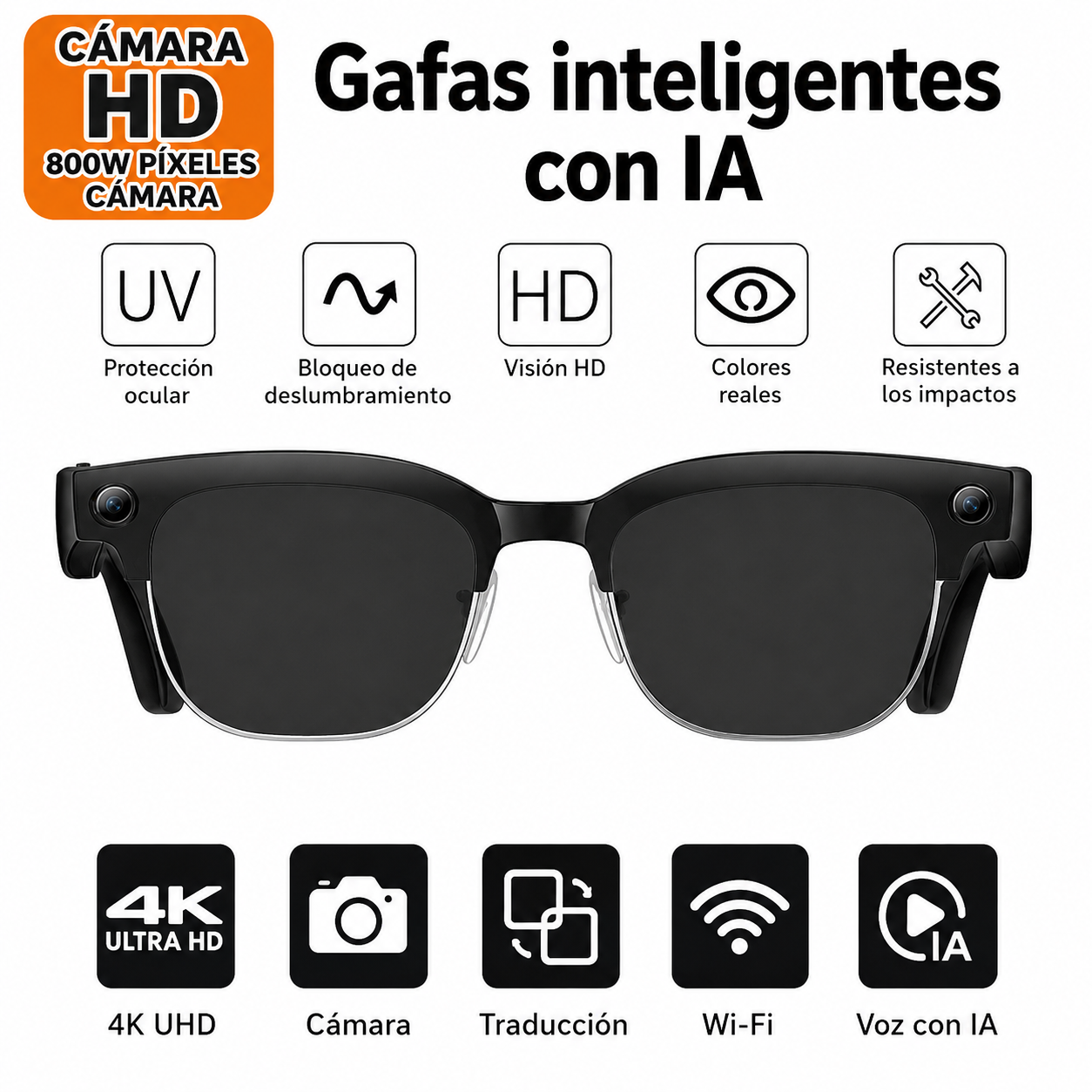 Gafas inteligentes con IA para fotos y vídeos: cámara HD de 8 MP, traducción inteligente, captura de imágenes y reconocimiento de objetos.