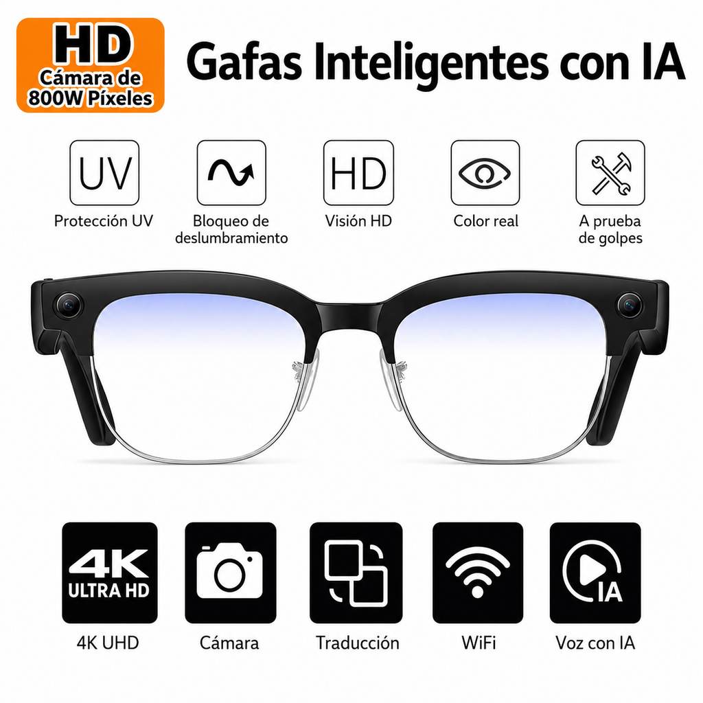 Gafas inteligentes con IA para fotos y vídeos: cámara HD de 8 MP, traducción inteligente, captura de imágenes y reconocimiento de objetos.