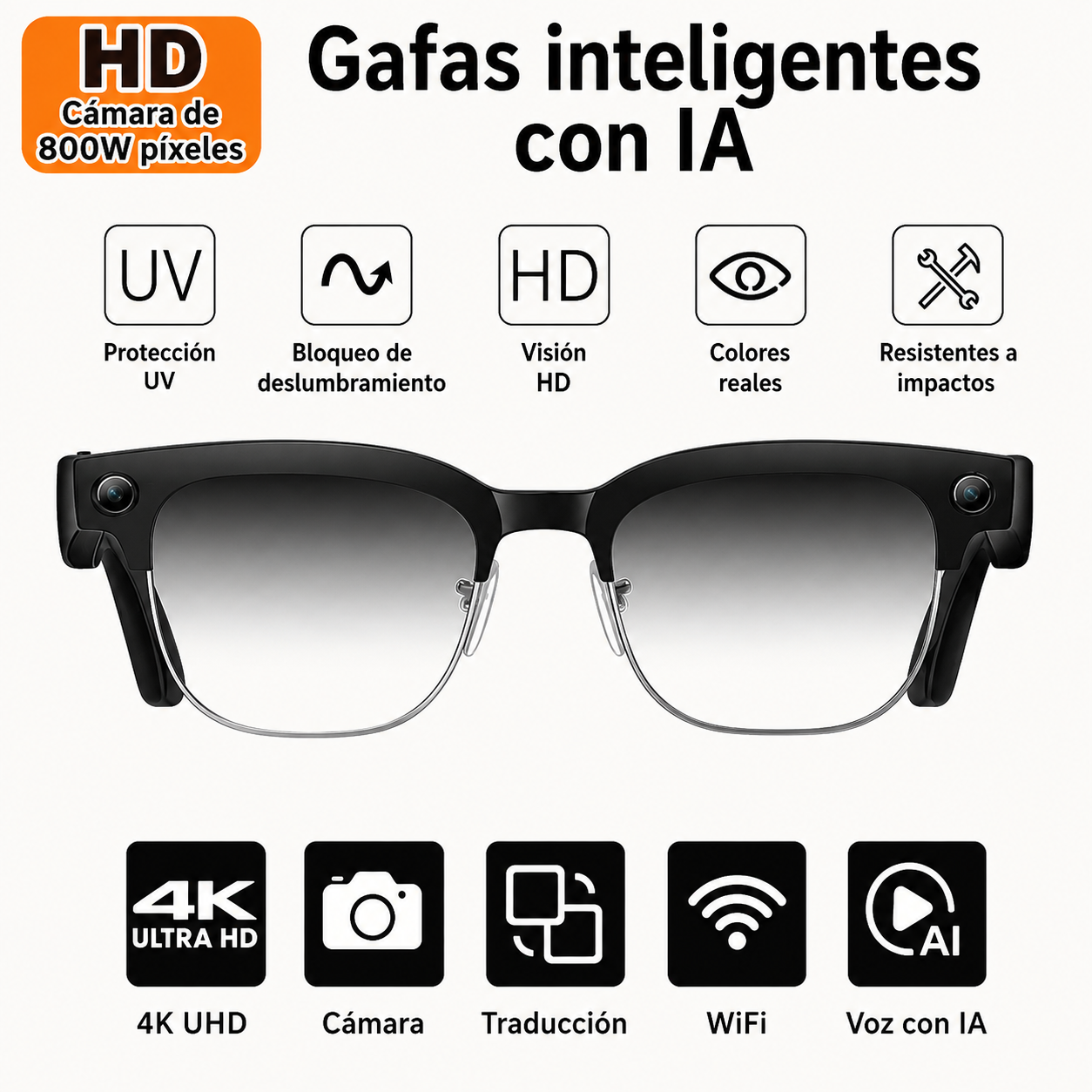 Gafas inteligentes con IA para fotos y vídeos: cámara HD de 8 MP, traducción inteligente, captura de imágenes y reconocimiento de objetos.