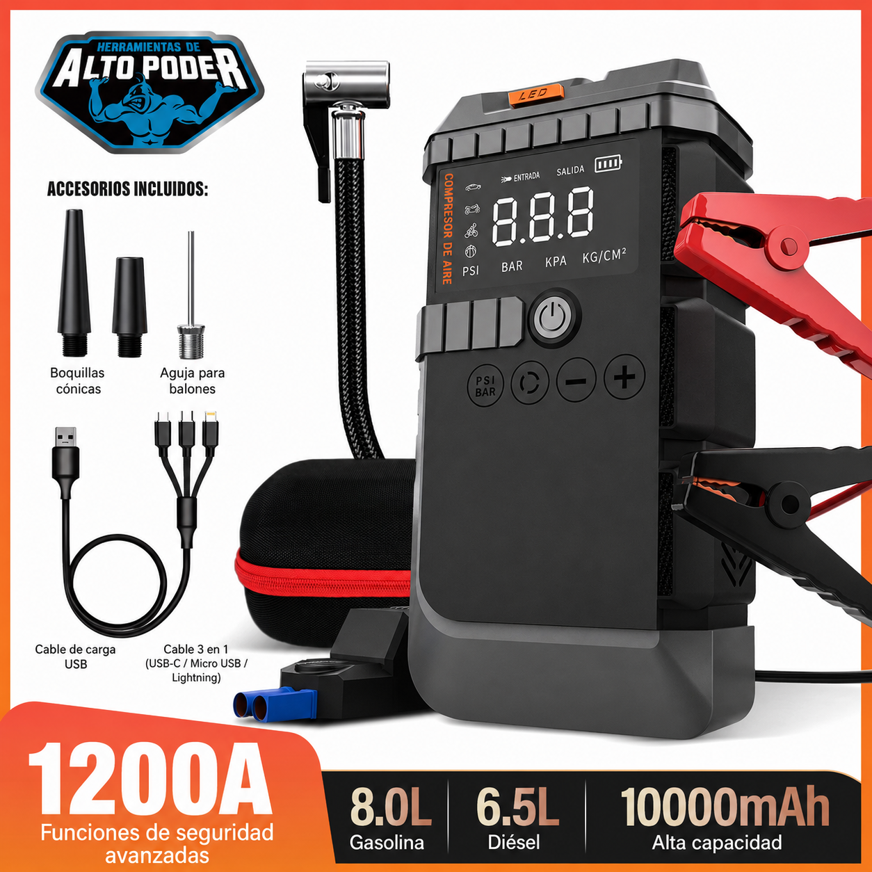 Arrancador de coche, Batería portátil (Powerbank) de 10,000 mAh, Compresor de aire y Linterna