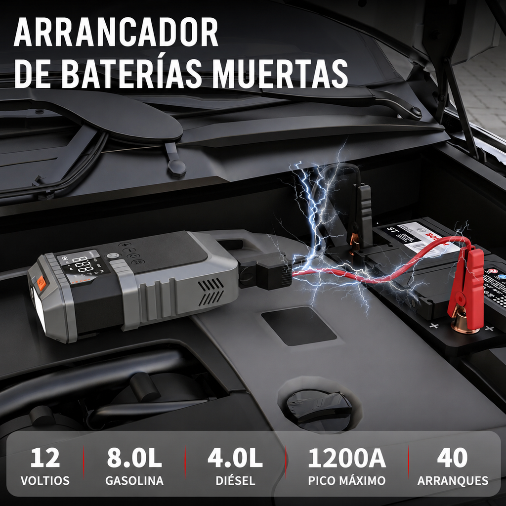 Arrancador de coche, Batería portátil (Powerbank) de 10,000 mAh, Compresor de aire y Linterna