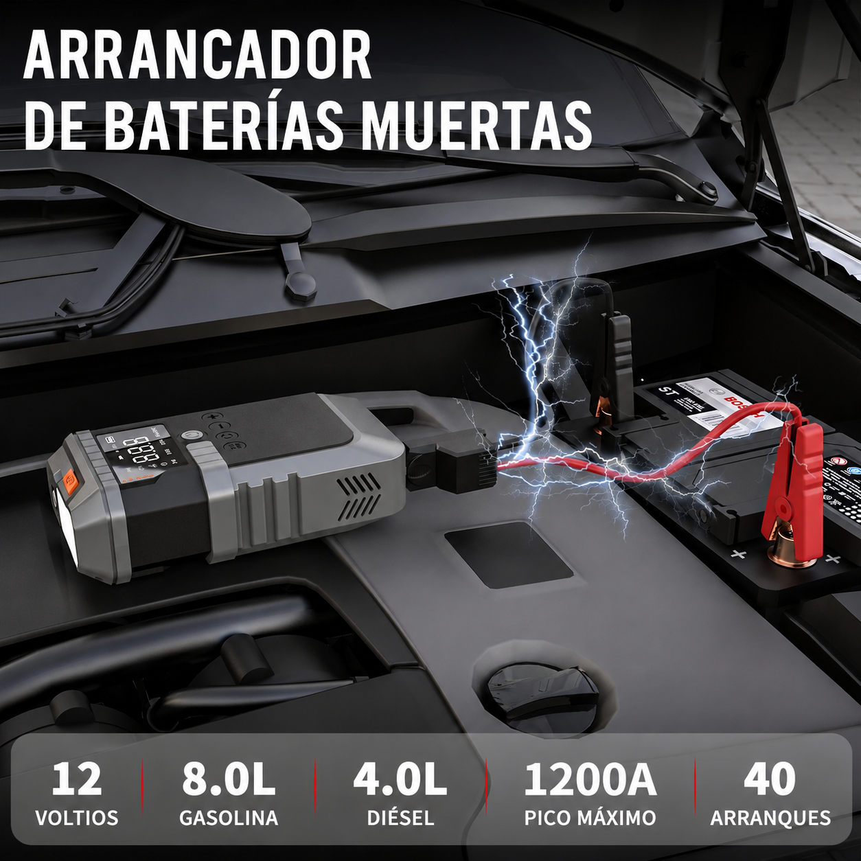 Arrancador de coche, Batería portátil (Powerbank) de 10,000 mAh, Compresor de aire y Linterna