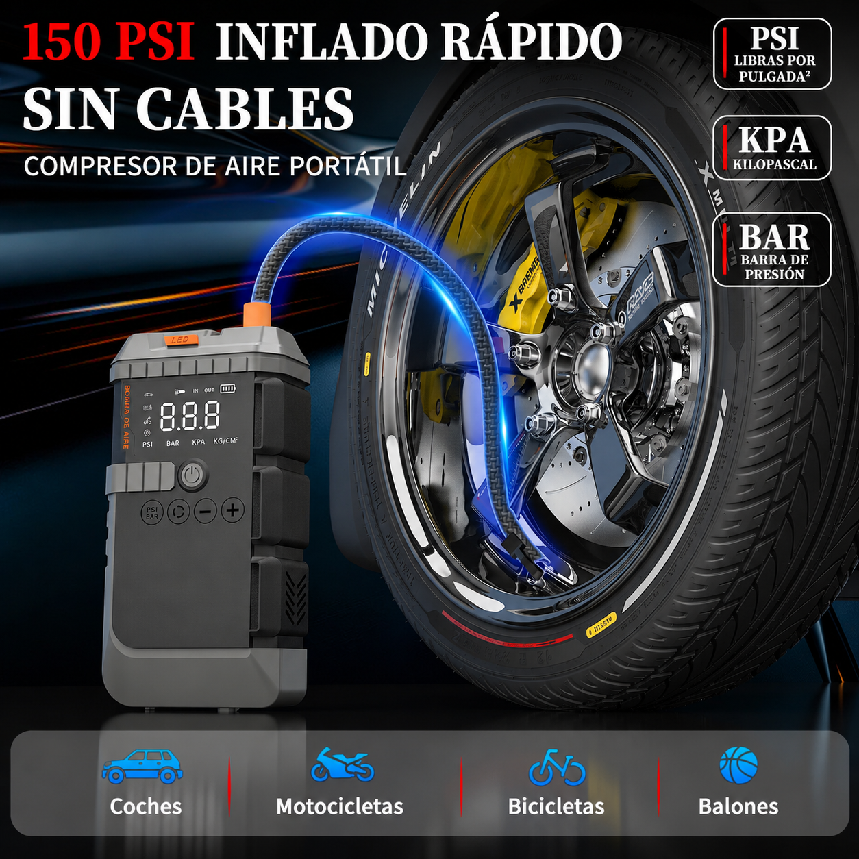 Arrancador de coche, Batería portátil (Powerbank) de 10,000 mAh, Compresor de aire y Linterna