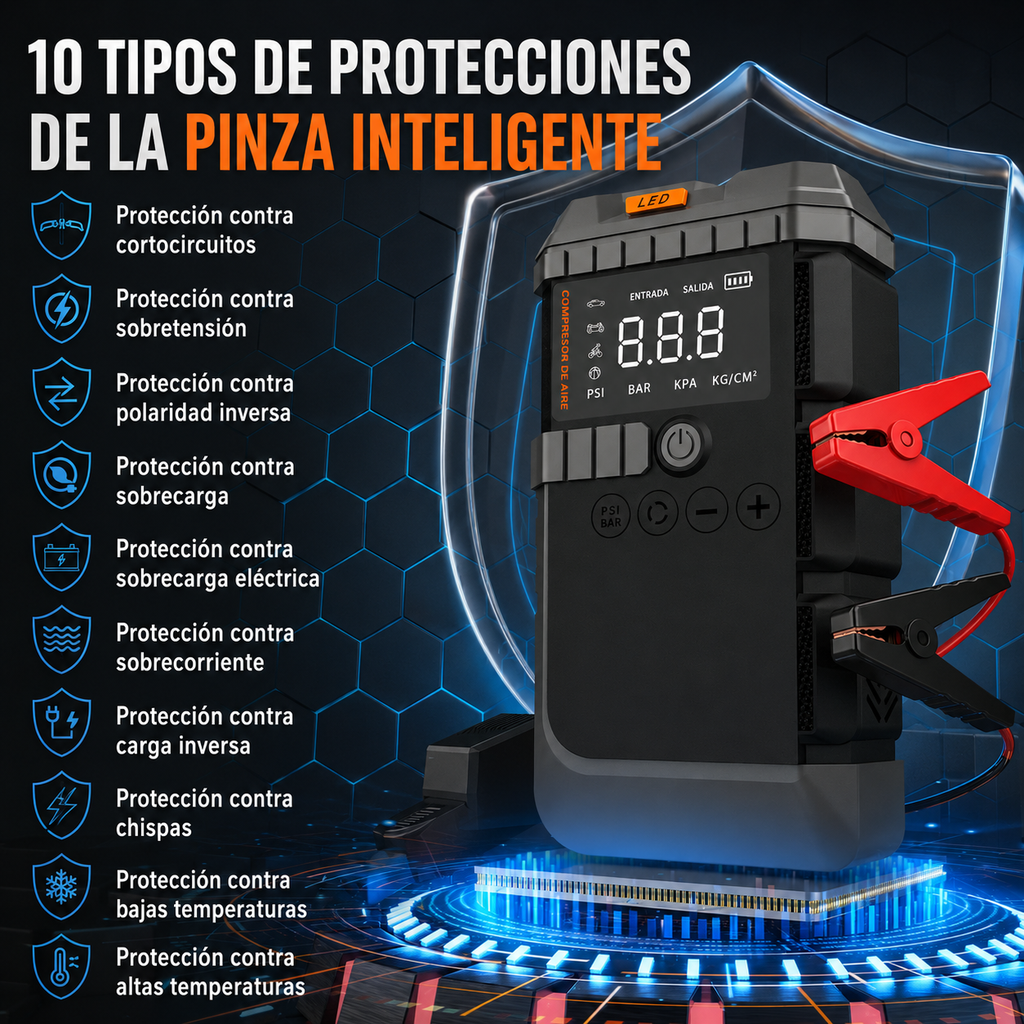 Arrancador de coche, Batería portátil (Powerbank) de 10,000 mAh, Compresor de aire y Linterna