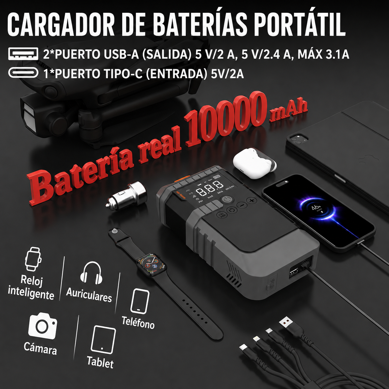 Arrancador de coche, Batería portátil (Powerbank) de 10,000 mAh, Compresor de aire y Linterna