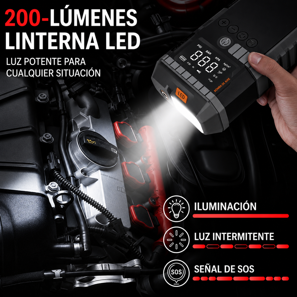 Arrancador de coche, Batería portátil (Powerbank) de 10,000 mAh, Compresor de aire y Linterna
