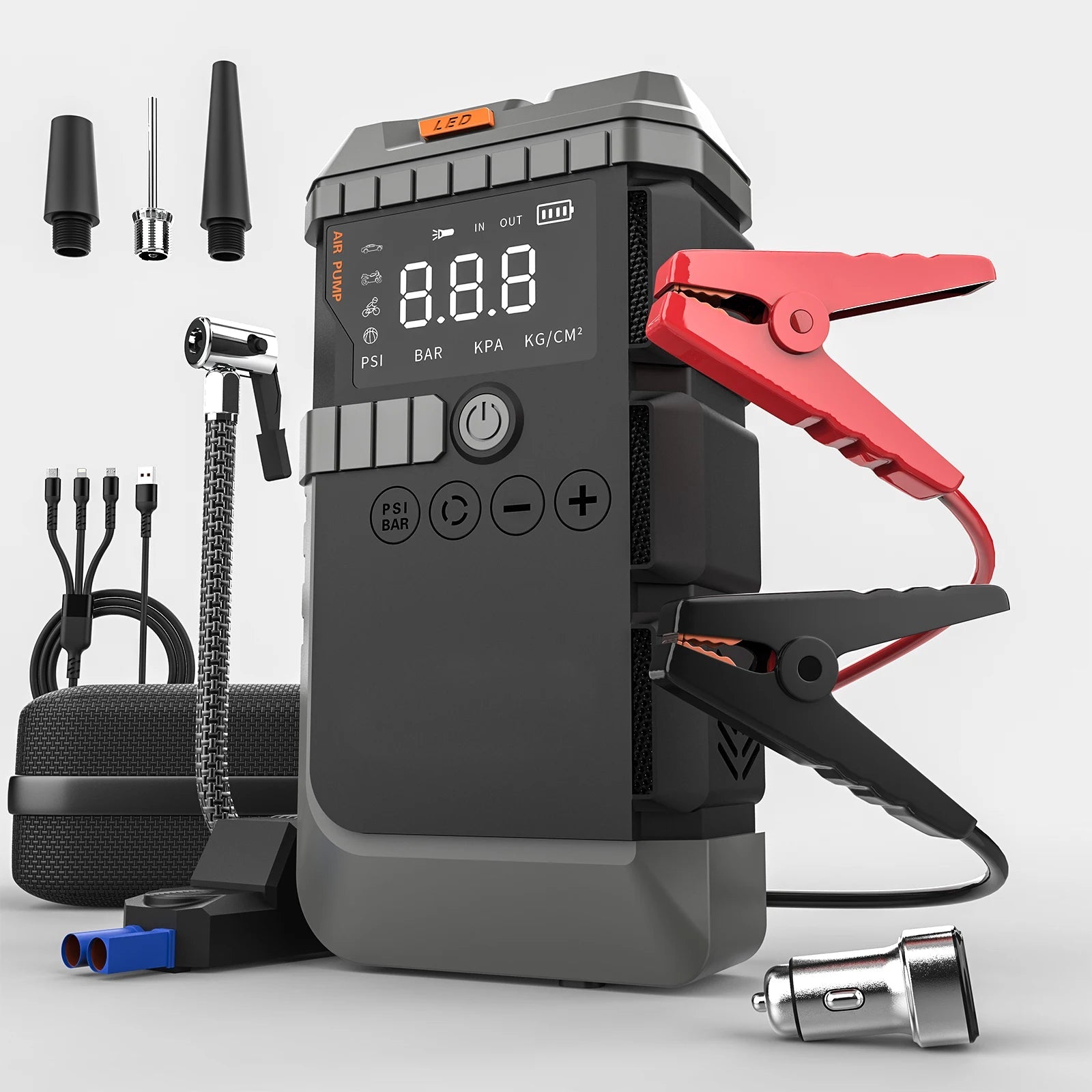 Arrancador de coche, Batería portátil (Powerbank) de 10,000 mAh, Compresor de aire y Linterna
