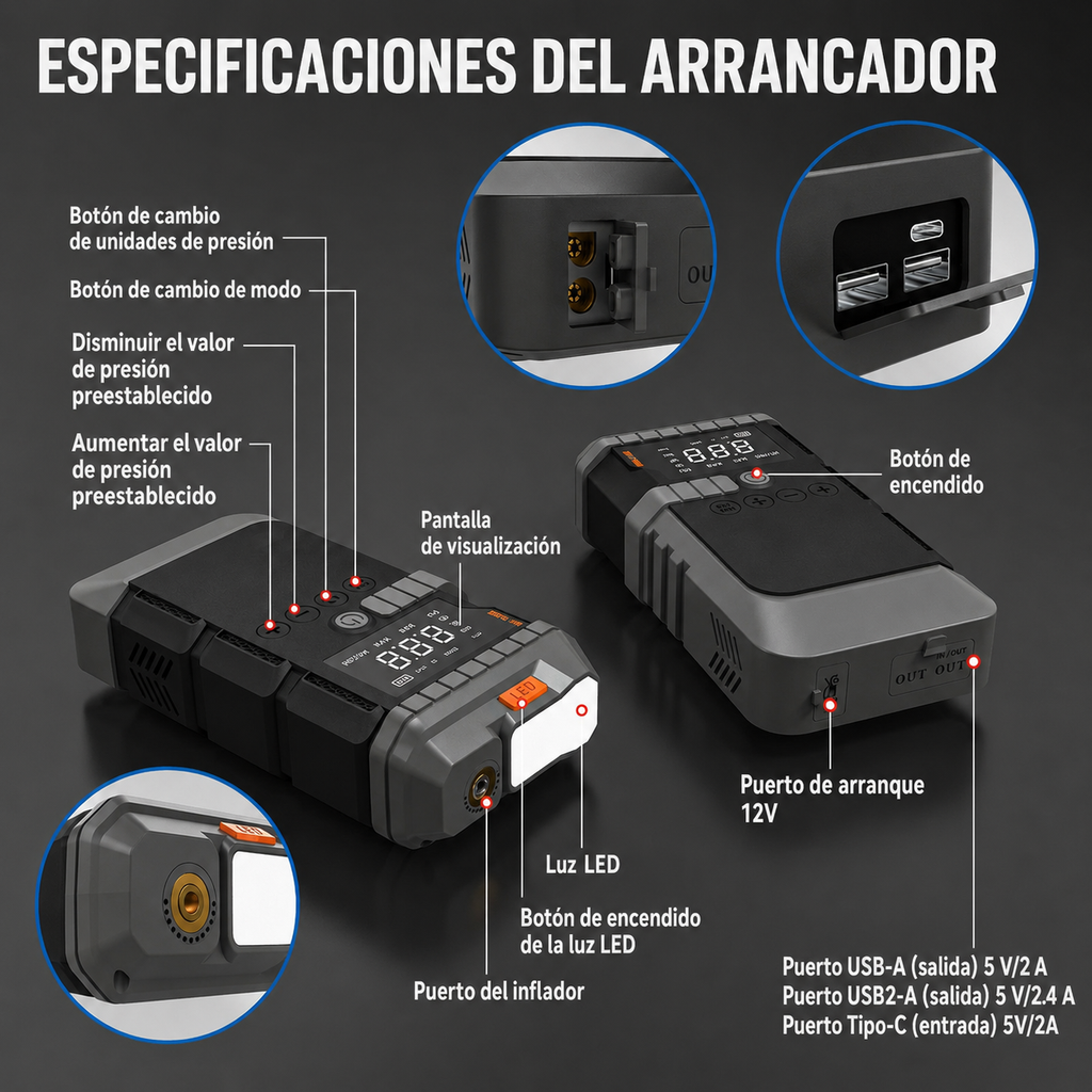 Arrancador de coche, Batería portátil (Powerbank) de 10,000 mAh, Compresor de aire y Linterna