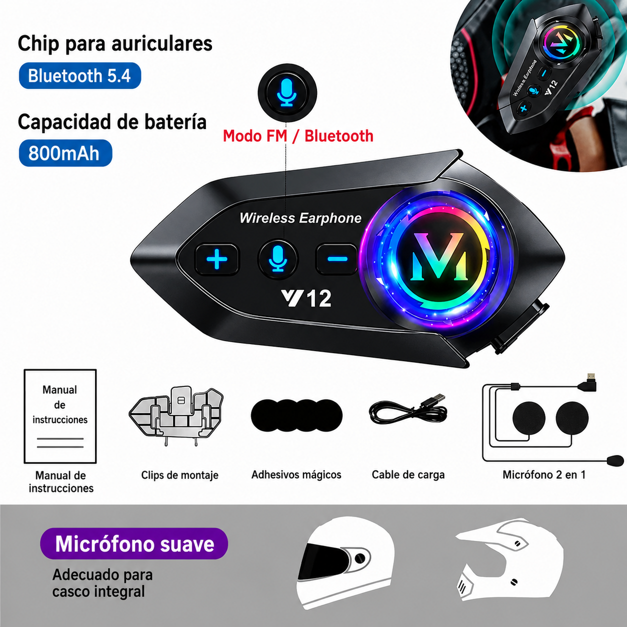 Auriculares Bluetooth 800 mAh para casco de moto, impermeables, con asistente de voz, manos libres inalámbricos para moto