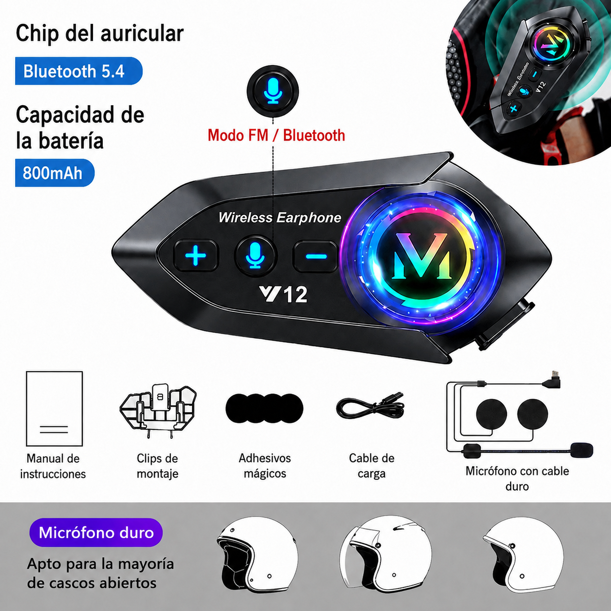 Auriculares Bluetooth 800 mAh para casco de moto, impermeables, con asistente de voz, manos libres inalámbricos para moto