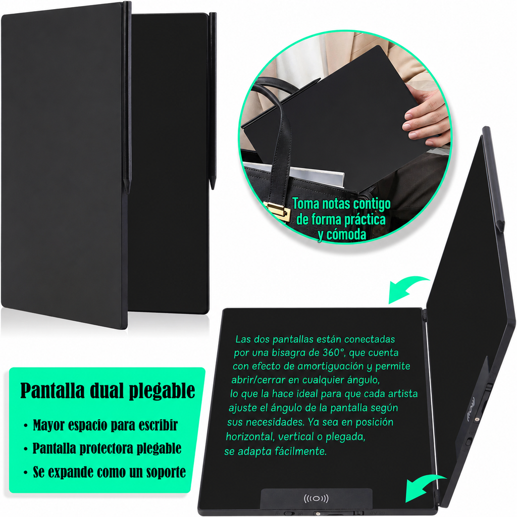 Tableta de Escritura LCD Plegable de 14.3" | Pizarra Digital de Doble Pantalla y Bloc de Notas Borrable