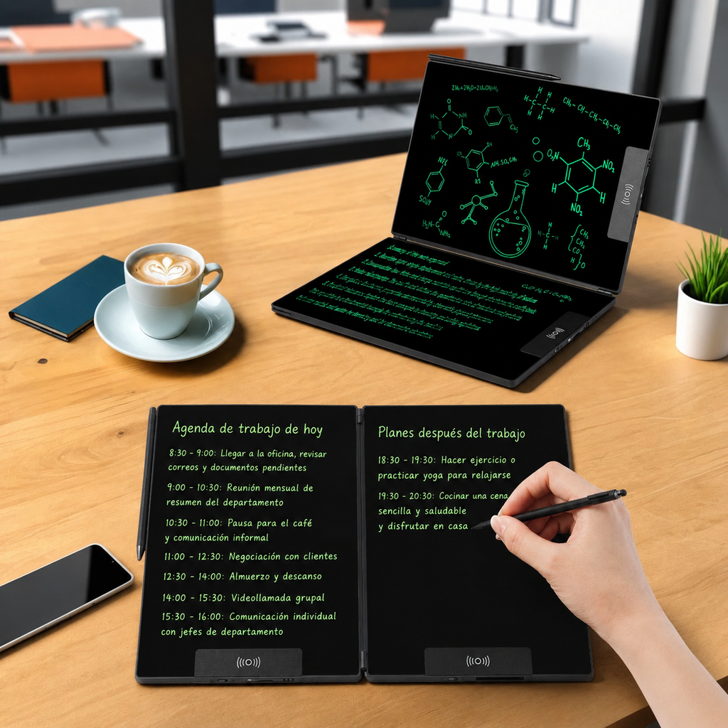 Tableta de Escritura LCD Plegable de 14.3" | Pizarra Digital de Doble Pantalla y Bloc de Notas Borrable