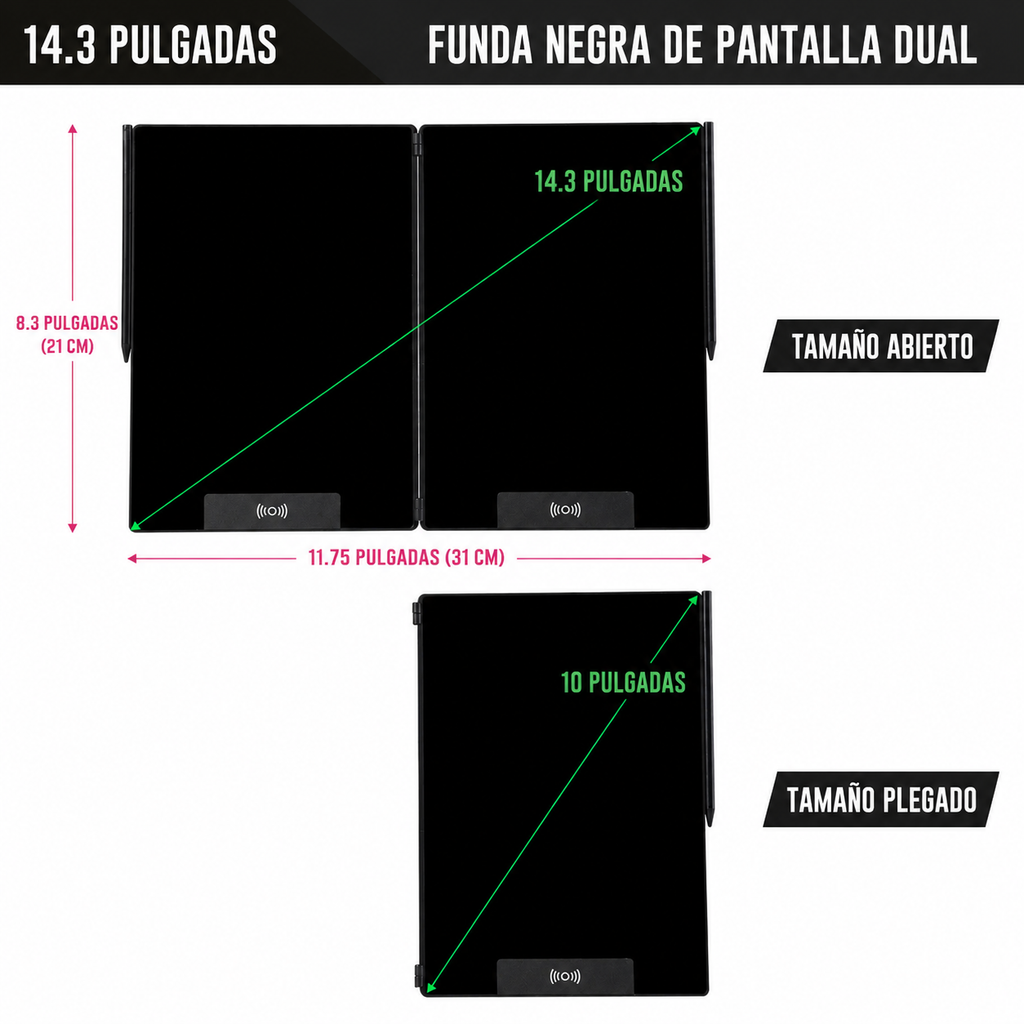 Tableta de Escritura LCD Plegable de 14.3" | Pizarra Digital de Doble Pantalla y Bloc de Notas Borrable