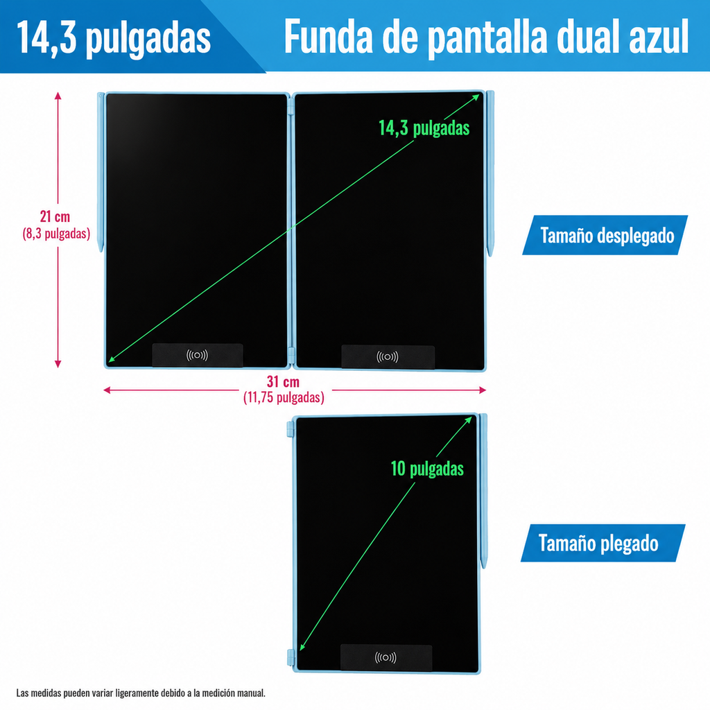 Tableta de Escritura LCD Plegable de 14.3" | Pizarra Digital de Doble Pantalla y Bloc de Notas Borrable