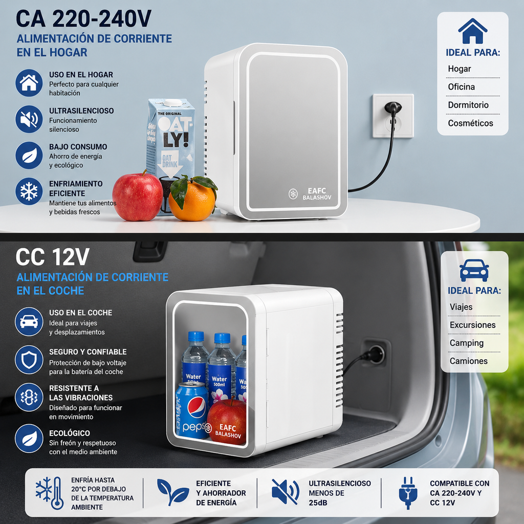 Mini Nevera Portátil 2 en 1 (Frío/Calor) • Espejo LED Táctil Conexión Coche y Casa (4L/6L)